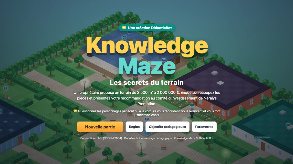 Knowledge Maze : Les secrets du terrain, jeu de piste immobilier avec enquête et échanges vocaux.